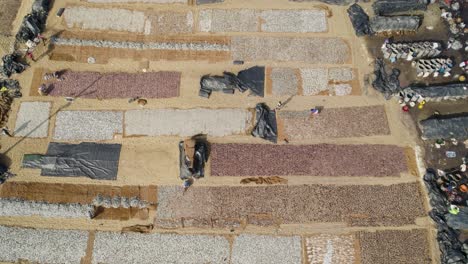 a fish market in sri lanka with fish drying on large tarps in organized rows, aerial view