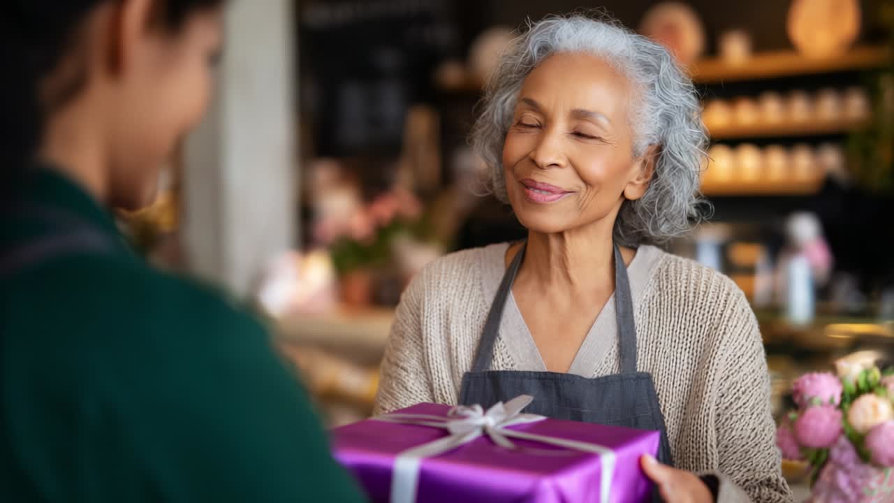A joyful moment of gift-giving captured between a smiling elderly woman and a younger recipient in a warm, inviting atmosphere, showcasing the beauty of connection and thoughtful gestures in personal interactions