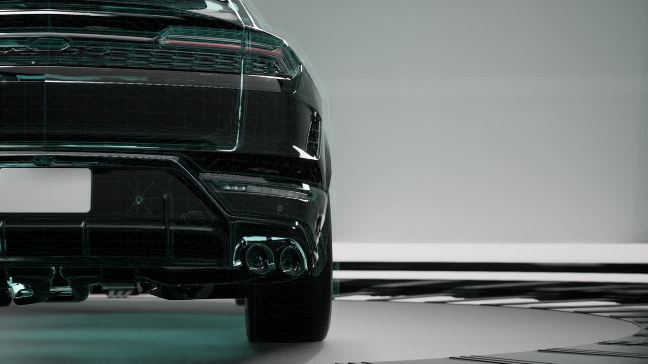 Heckansicht eines High-End-Autos mit digitaler Drahtgitter-Überlagerung und Auspuff