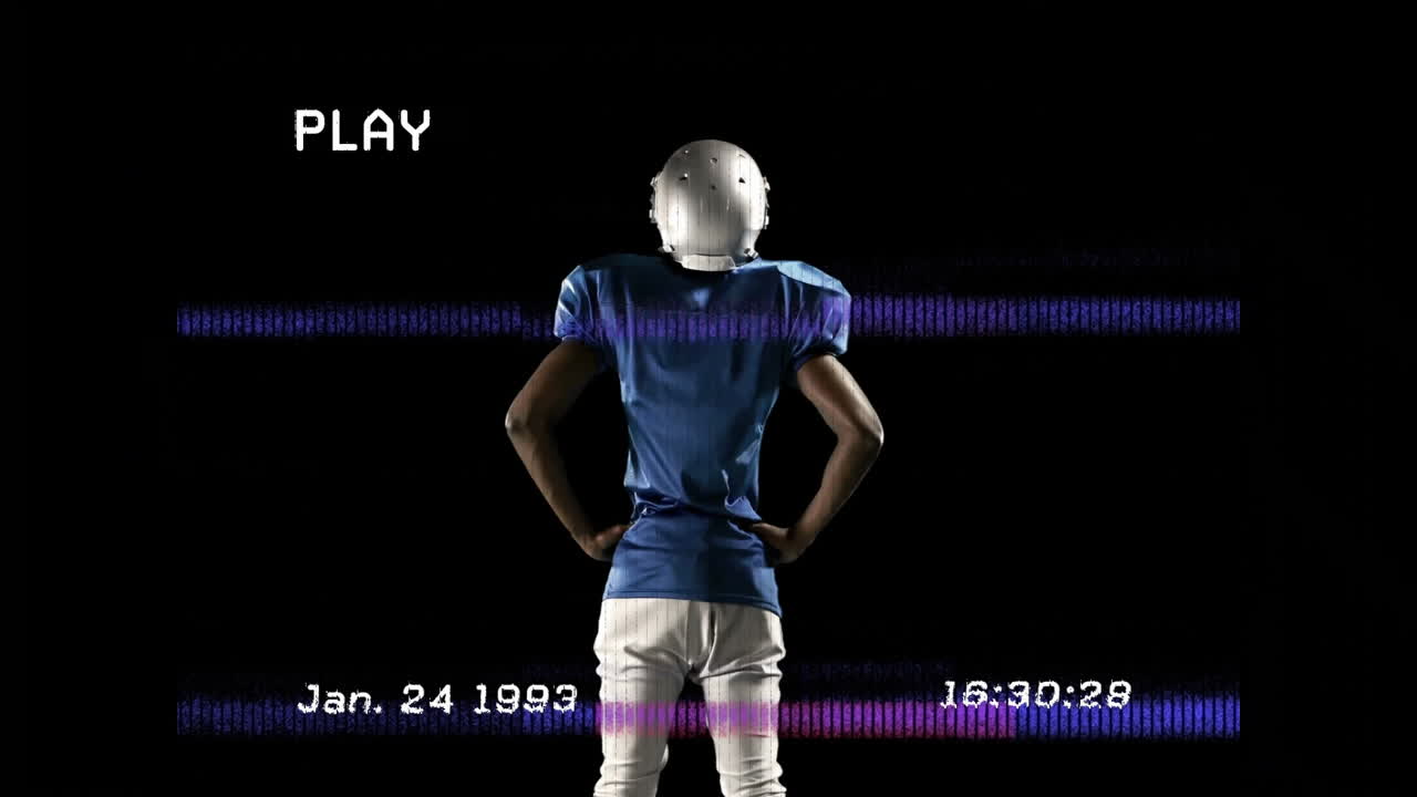 Standing with hands on hips, football player in blue jersey, vintage animation
