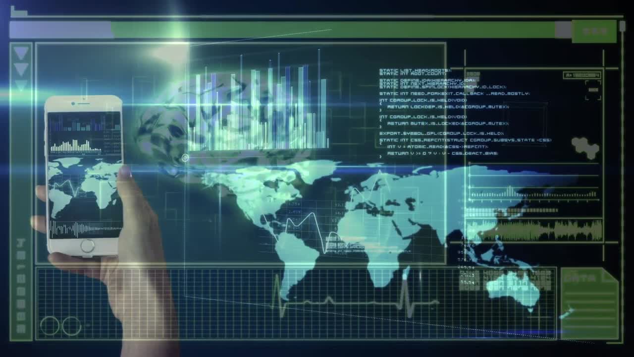 animación de mano recortada usando teléfono celular sobre el mapa, gráficos de barras y cerebro humano en el fondo