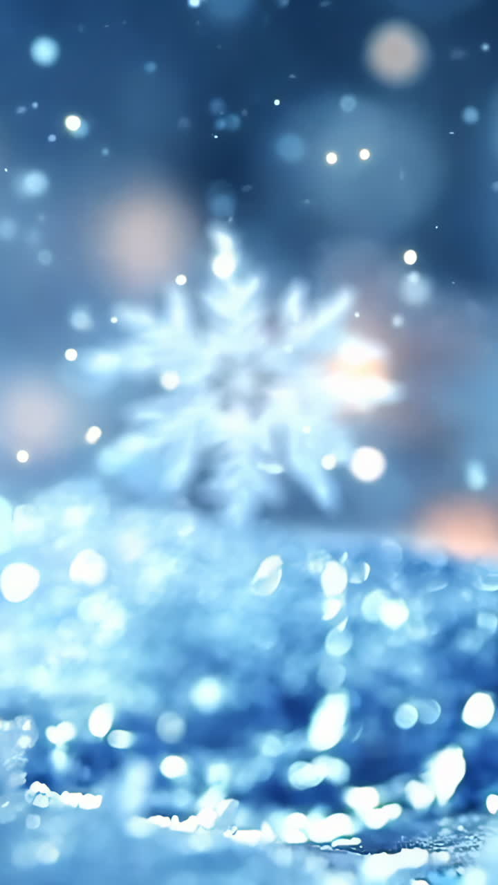 A snowflake is on top of a blue snow covered ground. The snowflake is surrounded by a bright blue sky