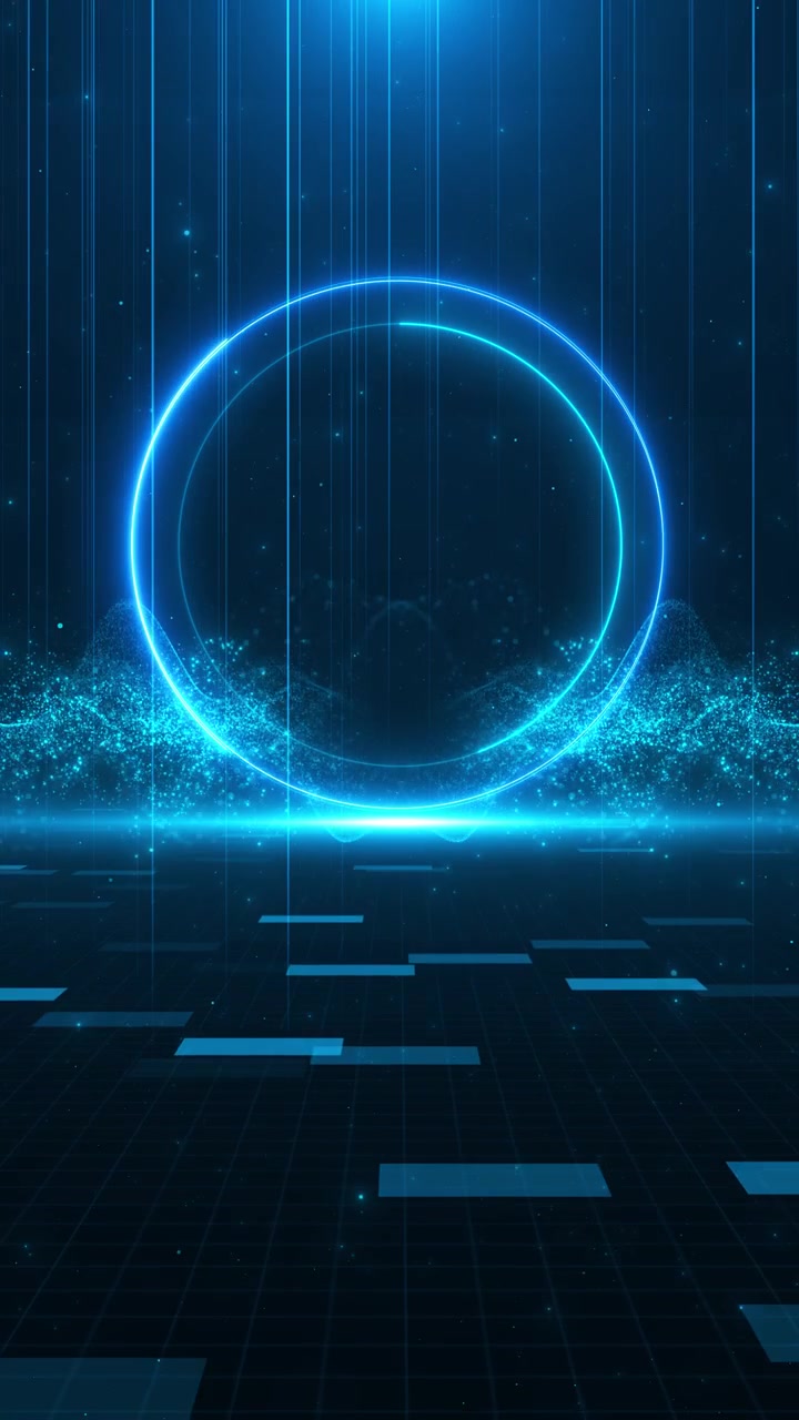 Palco futuristico ad anello blu con portale circolare luminoso, onde di particelle e pavimento digitale.