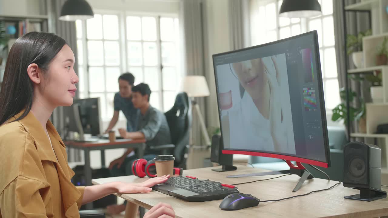 Asian Female Editor Works In Photo Editing Software On Her Personal Computer. She Turns And Warmly Smiles Into The Camera