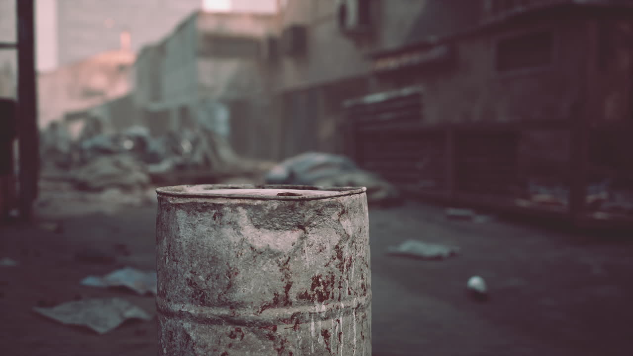 폐허가 된 도시에서 버려진 배럴