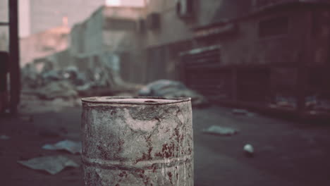 abandoned barrel in a damaged city