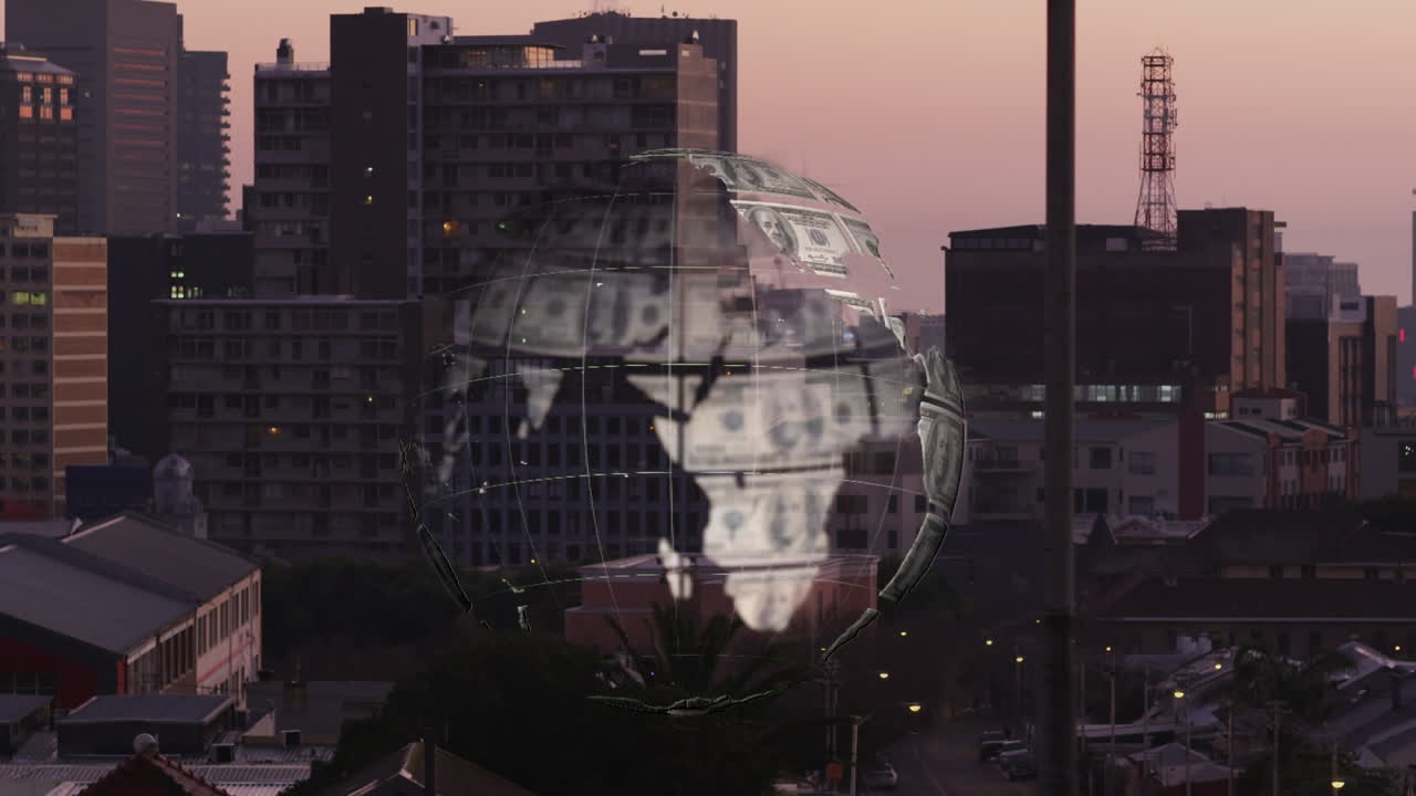 animación de un globo con billetes sobre el paisaje urbano