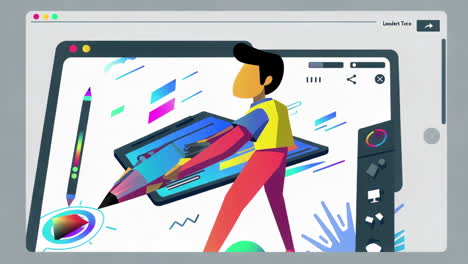 stylized person creating digital art on tablet interface