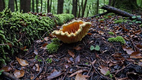 Close-up, ground-level view of a mushroom in a forest, capturing the lush, green surroundings