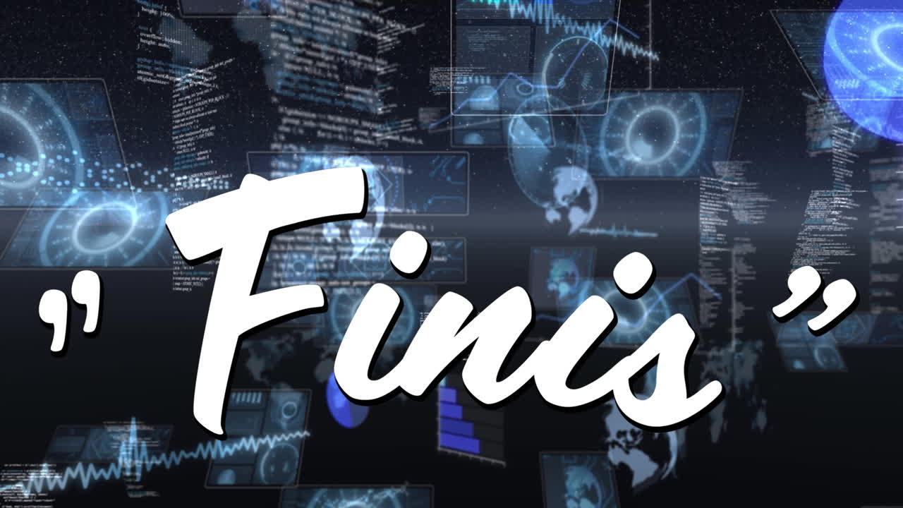 Finis text against multiple round scanners and data processing on blue background