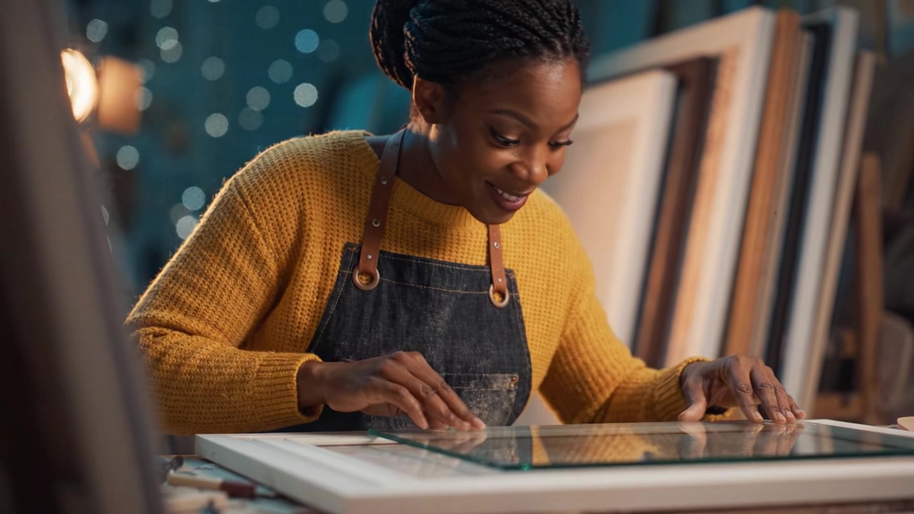 Crafting Art: A Skilled Artisan Carefully Frames Glass in a Studio Workshop, Showcasing Precision and Creativity in the Heart of Artistic Endeavors