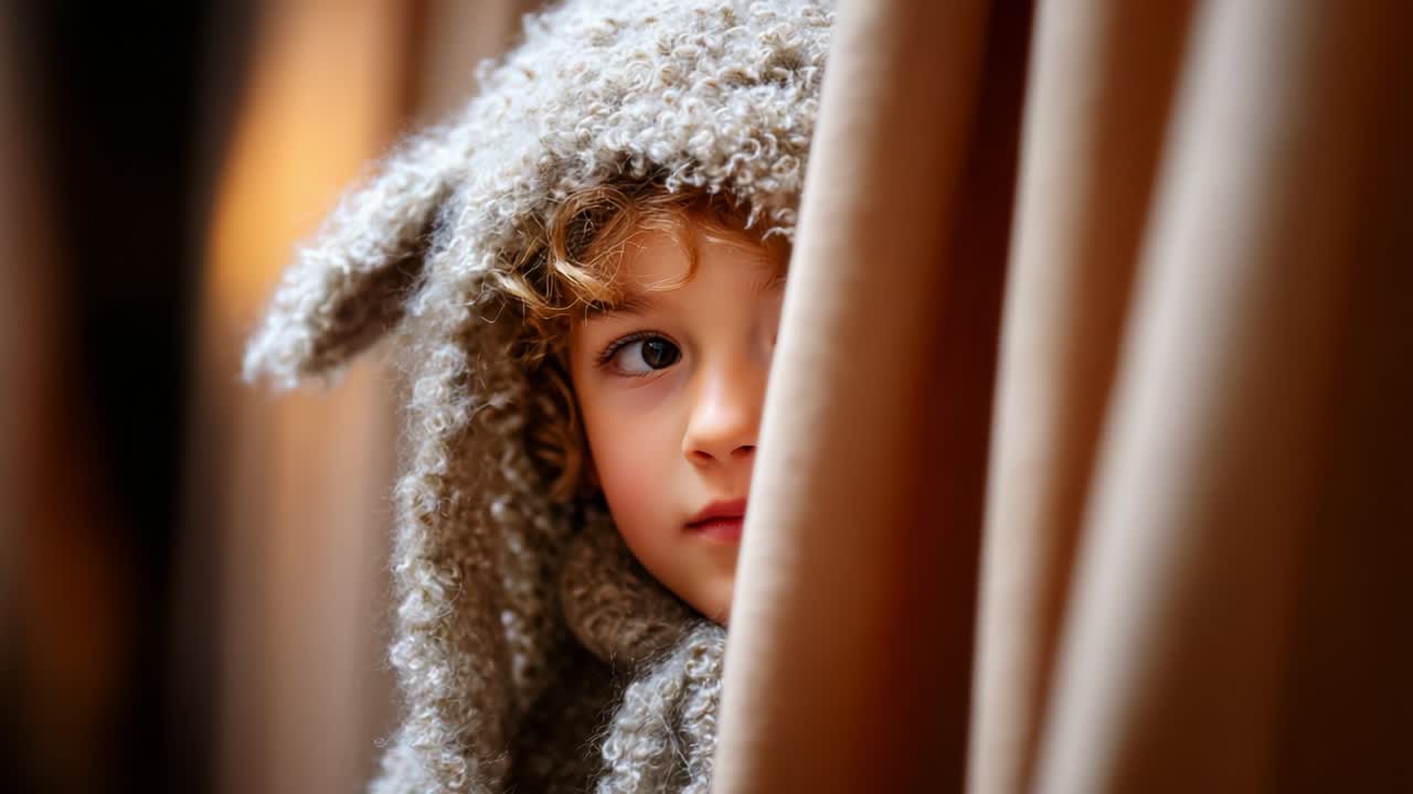 A young child peering through plush curtains while wearing an adorable fuzzy hoodie resembling a cute animal, exuding innocence and curiosity during a moment of playful surprise and delight