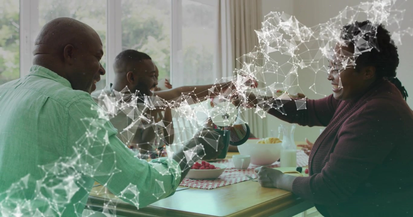 Grafico di rete tecnologica che si sposta verso destra rivelando una famiglia che versa caffè in tazze condividendo un rituale