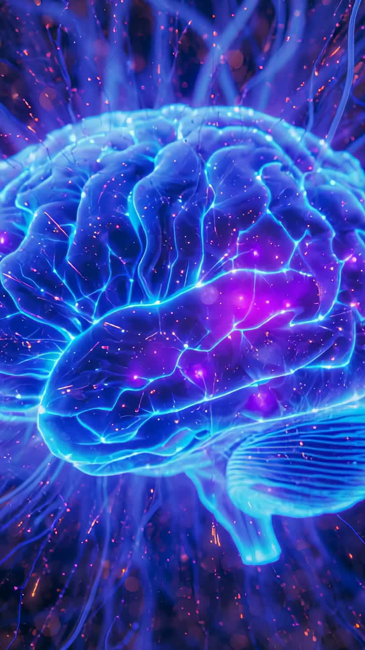 Video verticale: cervello al neon scintillante che pulsa con flussi blu in un campo viola, visualizzando l'attivazione