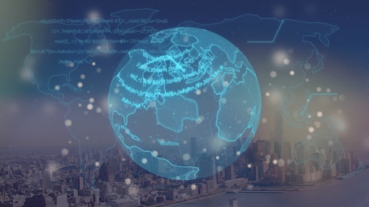 도시 풍경의 공중 전망에 대한 회전하는 지구와 세계 지도 위의 빛의 반점의 애니메이션