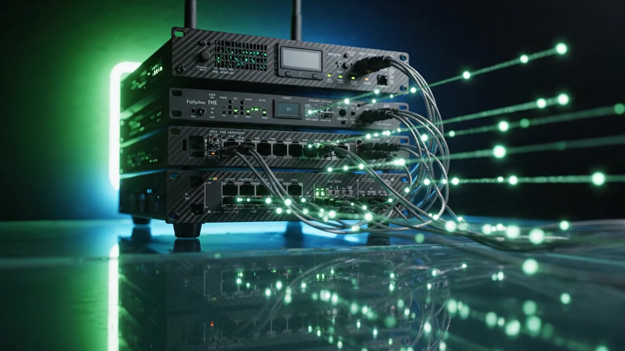 Advanced Network Equipment with Illuminated Cables Displaying Connectivity and Technology in a Modern Data Center Environment