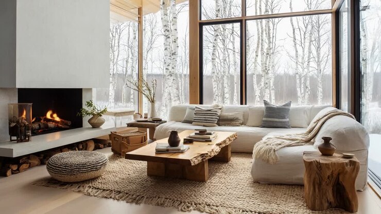 Salotto moderno accogliente e invitante con elementi naturali, caratterizzato da un caldo camino, mobili eleganti e splendide viste invernali attraverso le finestre a tutta altezza