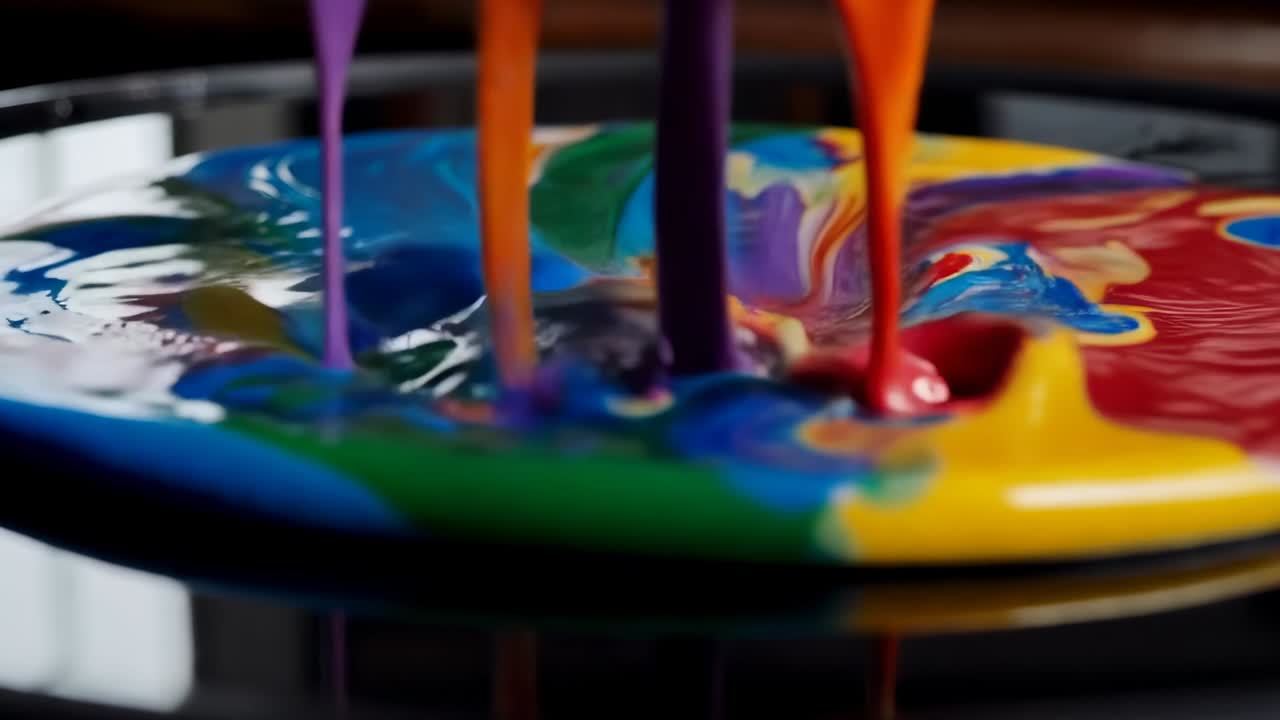 Vertiendo chorros densos de pintura creando remolinos marmóreos sobre una bandeja circular negra brillante, reflejando colores