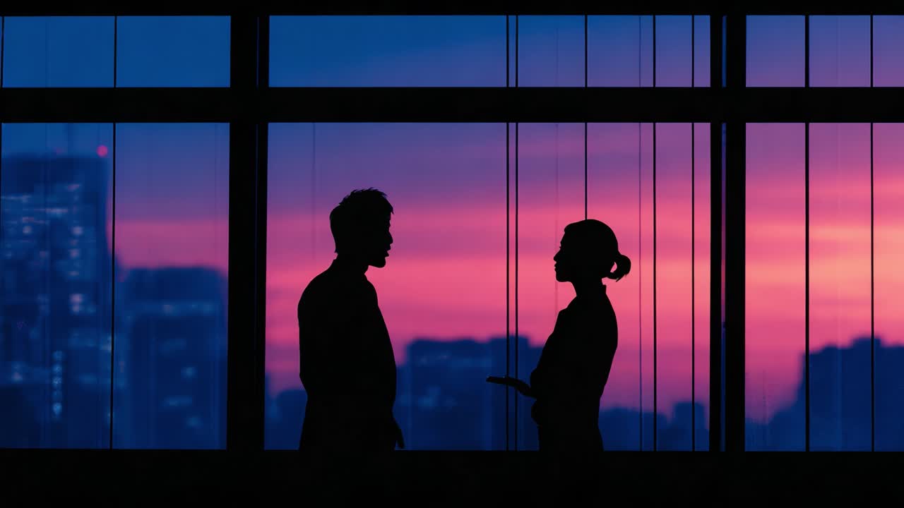 Siluetas de figuras conversando con un impresionante atardecer de fondo: un momento de conexión y reflexión capturado en el tiempo
