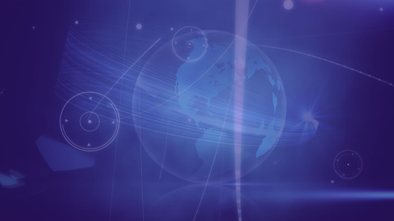 Animation of data processing and globe over blue background
