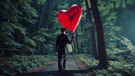 man walking in a forest with a red heart balloon