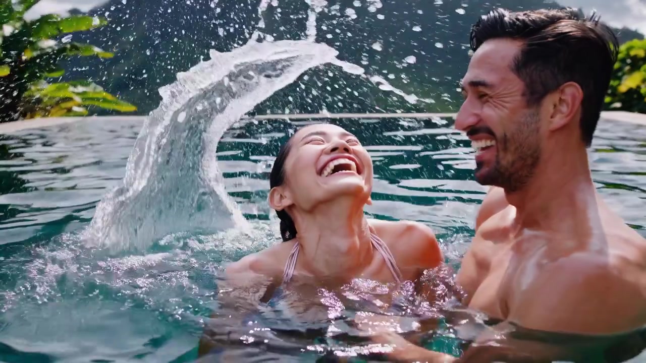 Coppia felice che ride e schizza in una piscina a sfioro tropicale