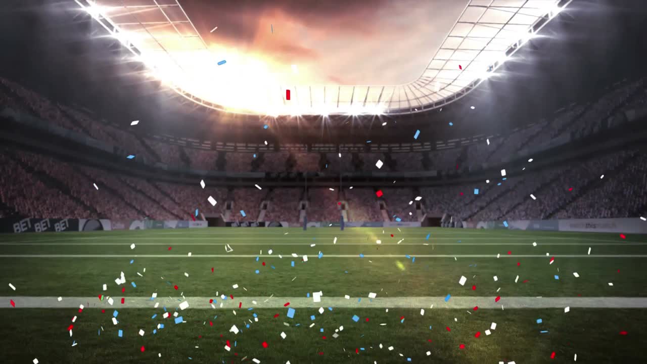 animación de confeti azul y rojo cayendo sobre el estadio deportivo