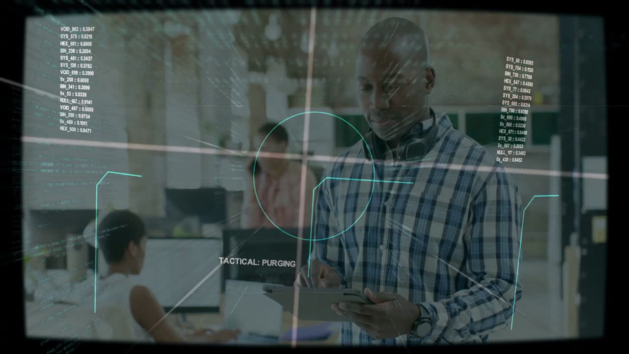 Man tapping tablet in tech office, HUD reticle locking on for tactical purge, lifting head smiling