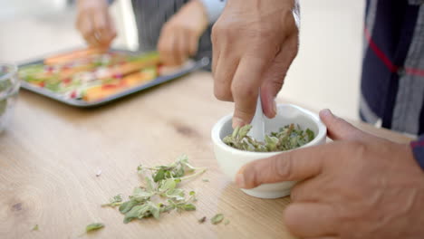 midsection of diverse senior couple cooking in kitchen, preparing herbs and vegetables, slow motion