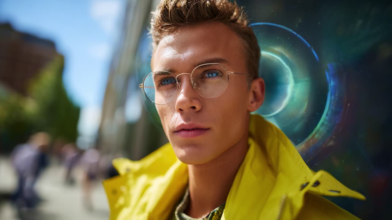 Un giovane uomo alla moda con una giacca giallo brillante posa su uno sfondo colorato, mettendo in mostra i suoi occhiali trendy e la sua espressione sicura di sé in un vivace ambiente urbano