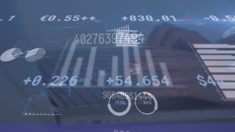 animation of financial data processing over person using computer