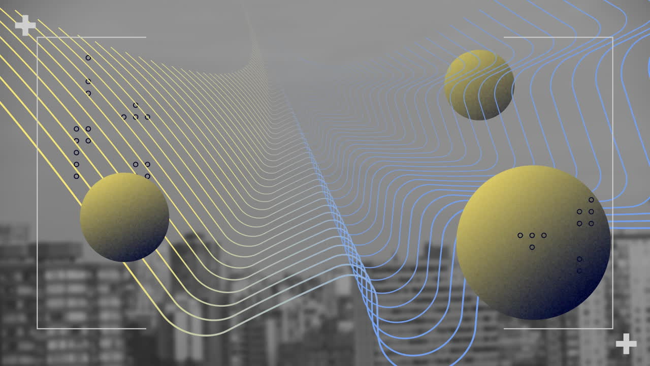 Animation of mesh of connections with yellow globes nd cityscape