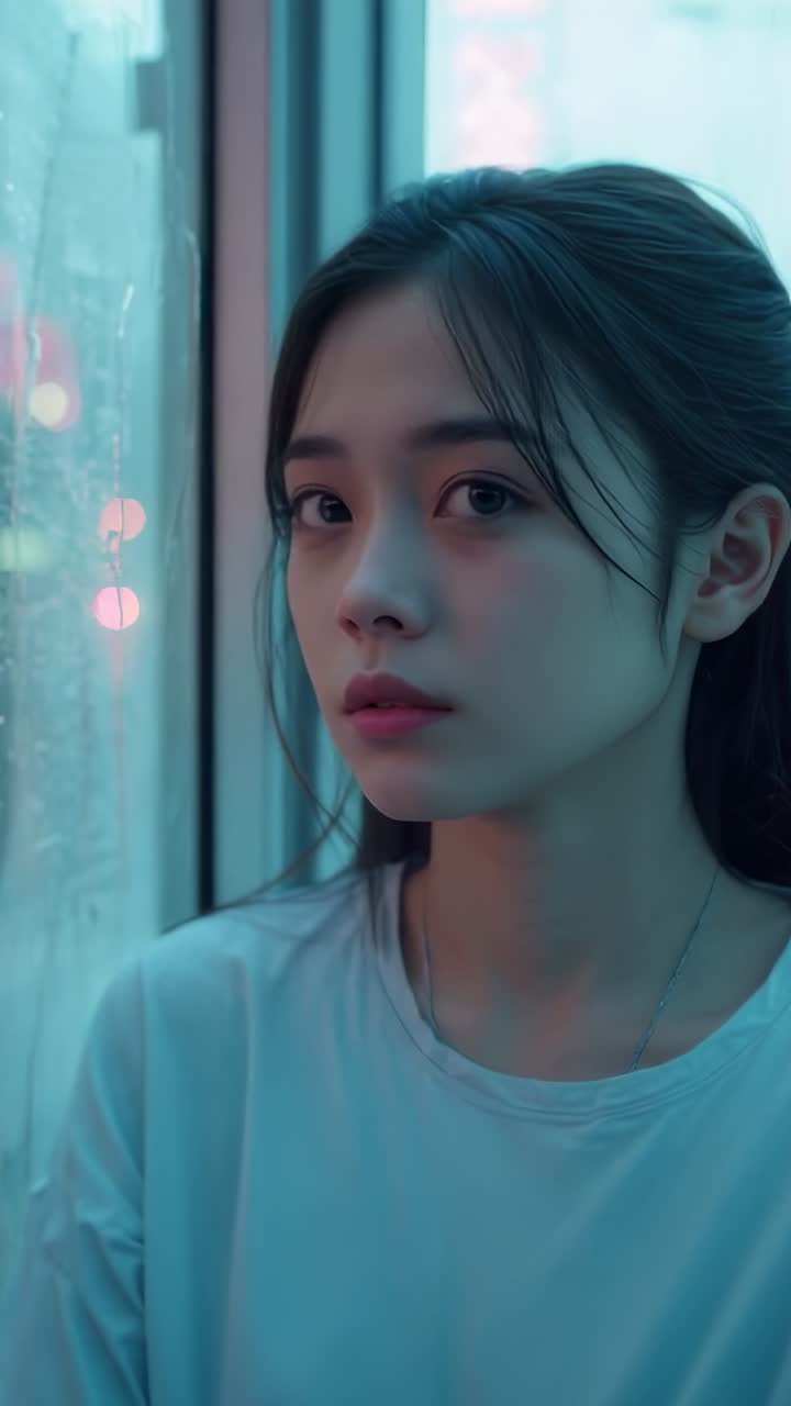 Vertical video: Noticing rain, Asian female shifting gaze at window neon lights flickering outside
