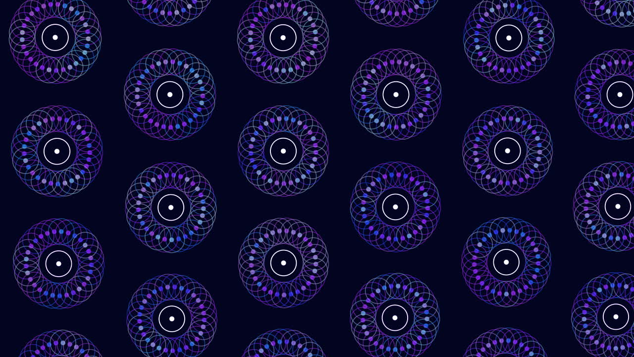 Motivo digitale con fiori astratti al neon disposti in file su gradiente nero.