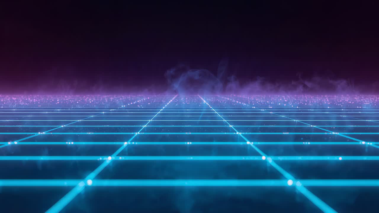 Griglia neon pulsante con nodi che rispondono al ritmo all’orizzonte synth, nebbia magenta per sfondo in loop