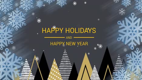 Animation-of-happy-holidays-and-new-year-text-with-snowflakes-and-christmas-trees