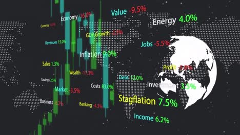 animación del procesamiento de datos sobre el globo y el mapa del mundo sobre fondo negro