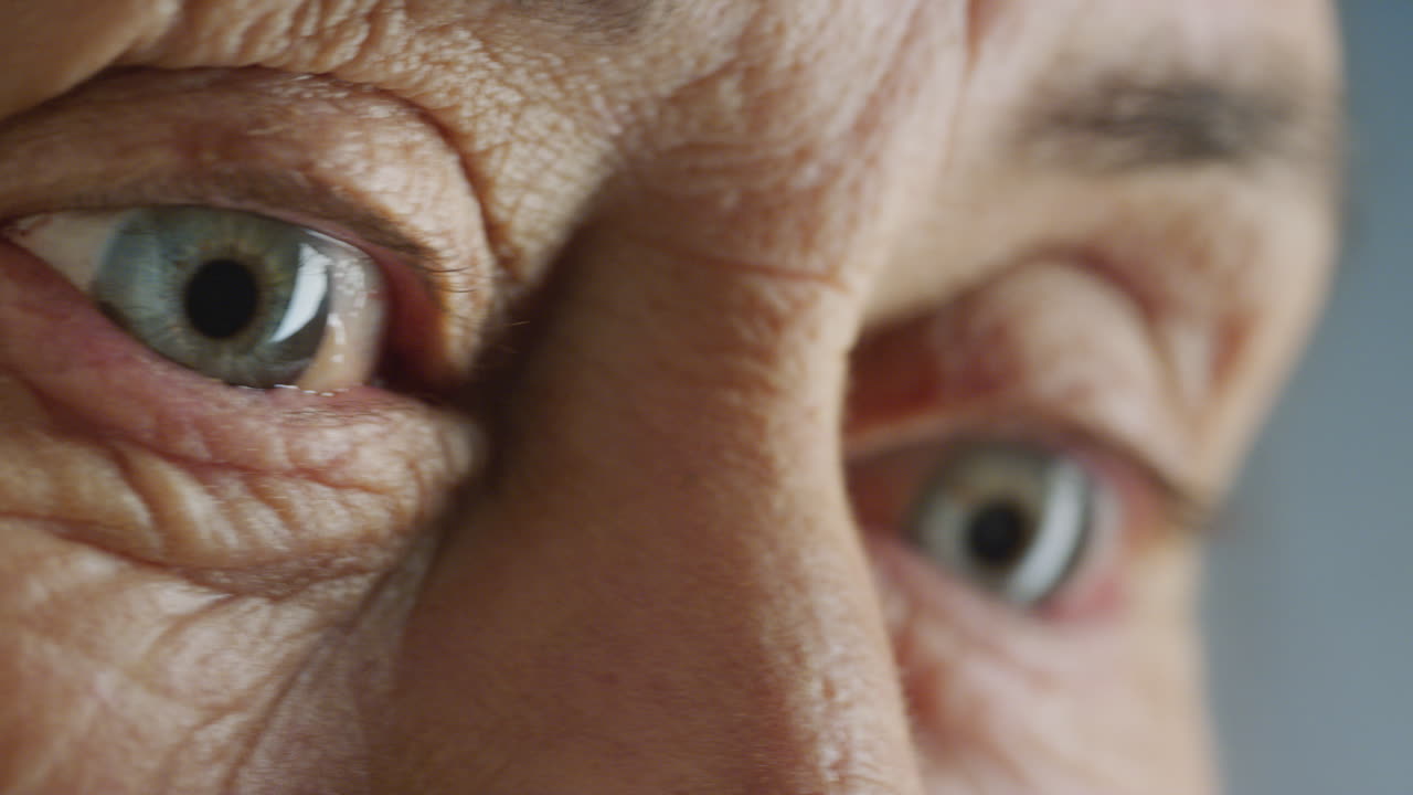 클로즈업 매크로 파란 눈은 호기심을 찾는  ⁇ 은 여자 건강한 중년 시력 개념