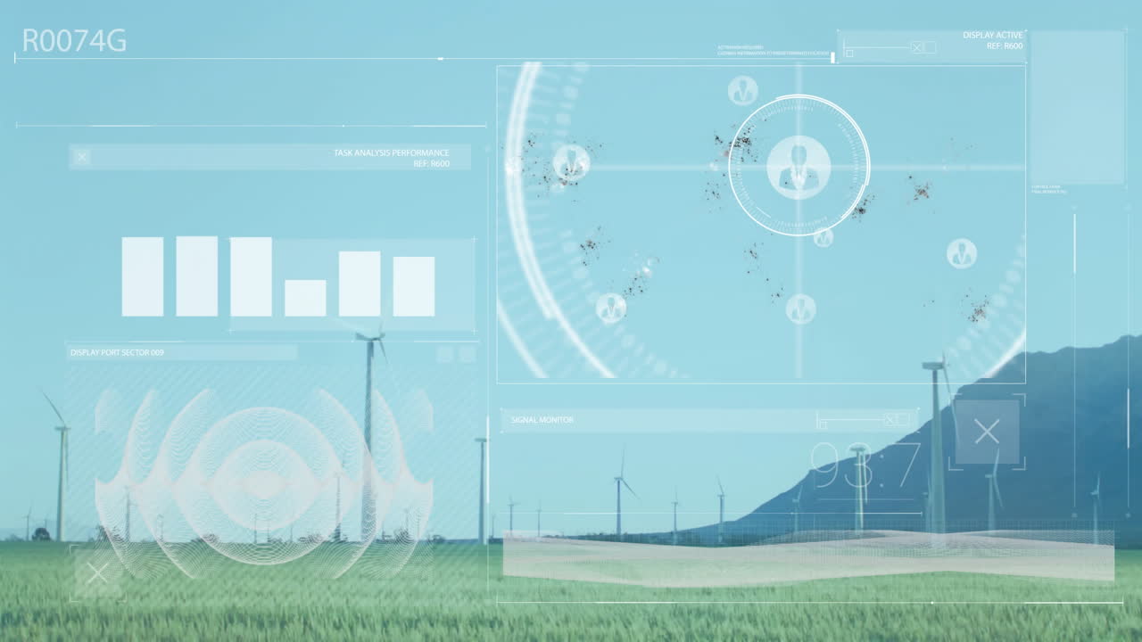 Wind turbines being animated on grassy plain, displaying futuristic data graphs and HUD icons