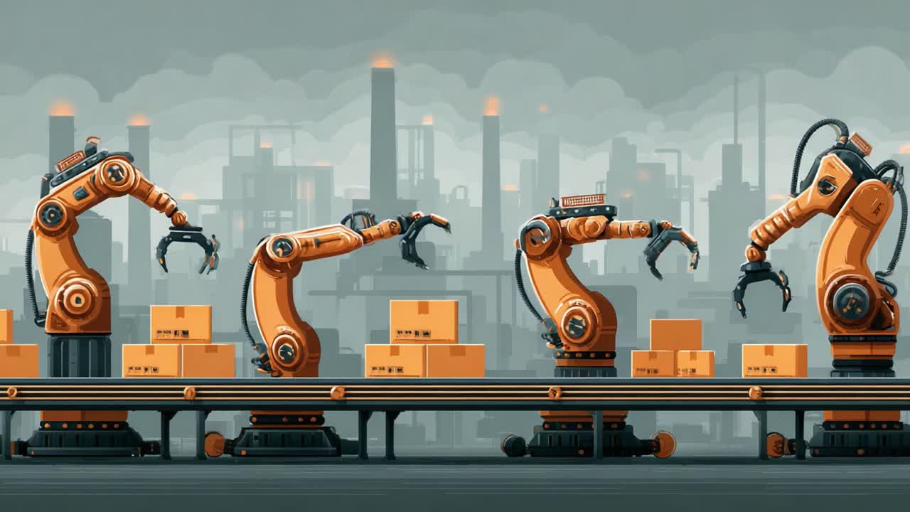 Automation in Action: A Sequence of Robotic Arms Efficiently Handling Boxes on a Production Line Amidst an Industrial Background