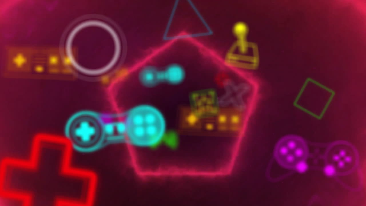 추상적인 배경 위에 별과 게임 콘솔을 가진 루핑 육각형의 애니메이션