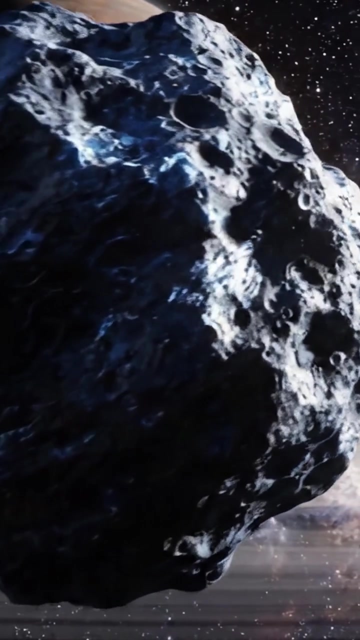 Una scena cosmica accattivante con un massiccio pianeta gigante gassoso circondato da anelli mozzafiato, con un asteroide vicino che evidenzia la bellezza dello spazio.