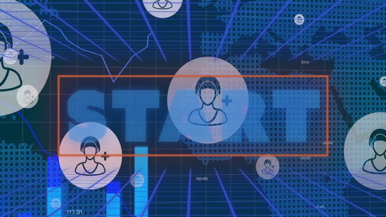 사용자 아이콘으로 디지털 추상 공간에서 시작의 애니메이션