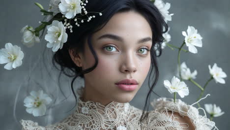ethereal portrait of a woman with green eyes and a floral crown