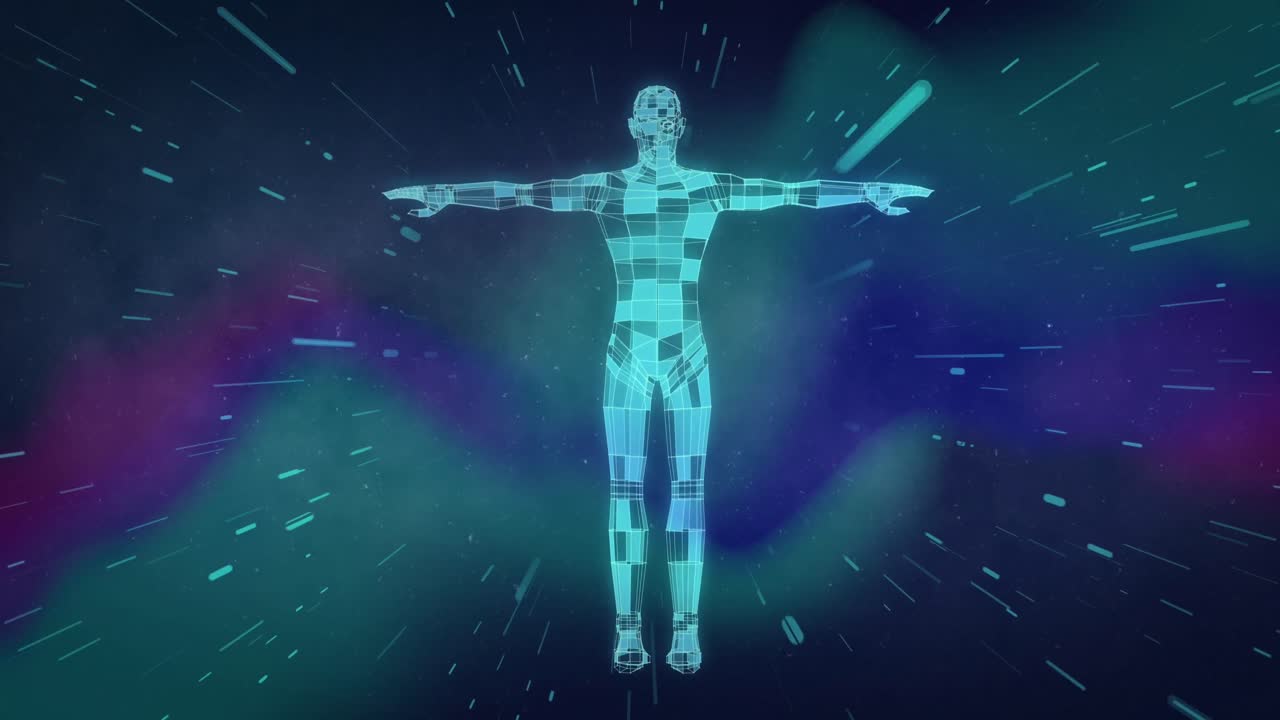animación de formas y humano digital sobre fondo negro