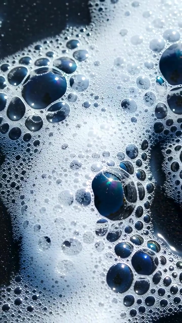 Video verticale: Grappolo di schiuma bianca che si muove in una bacinella, bolle iridescenti che si fondono, mostrando una pozza scura.