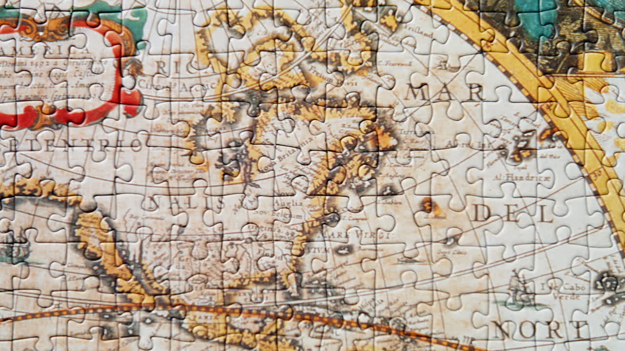 Puzzle pieces assembled black surface showing missing vintage fragments closeup