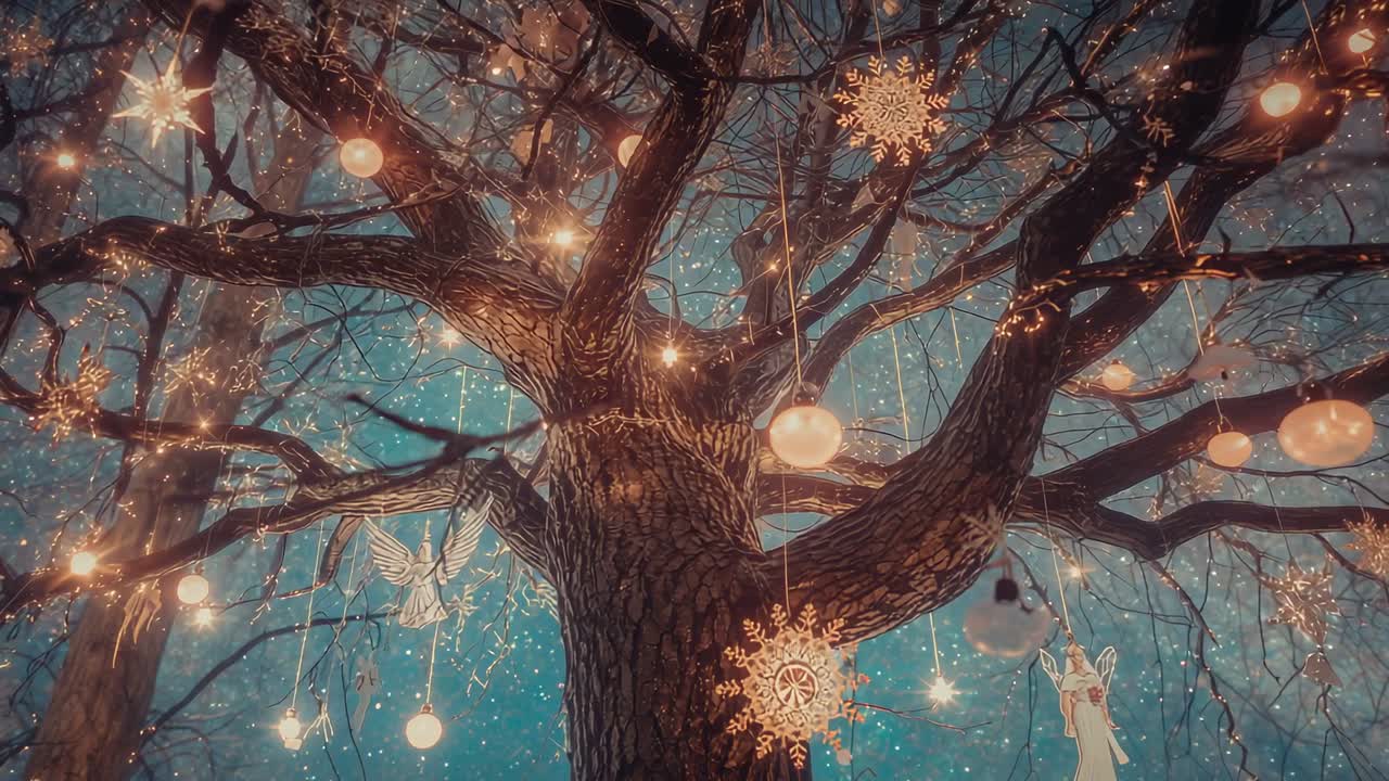 Camera panning tree trunk under night sky, showing string lights, baubles and ornaments