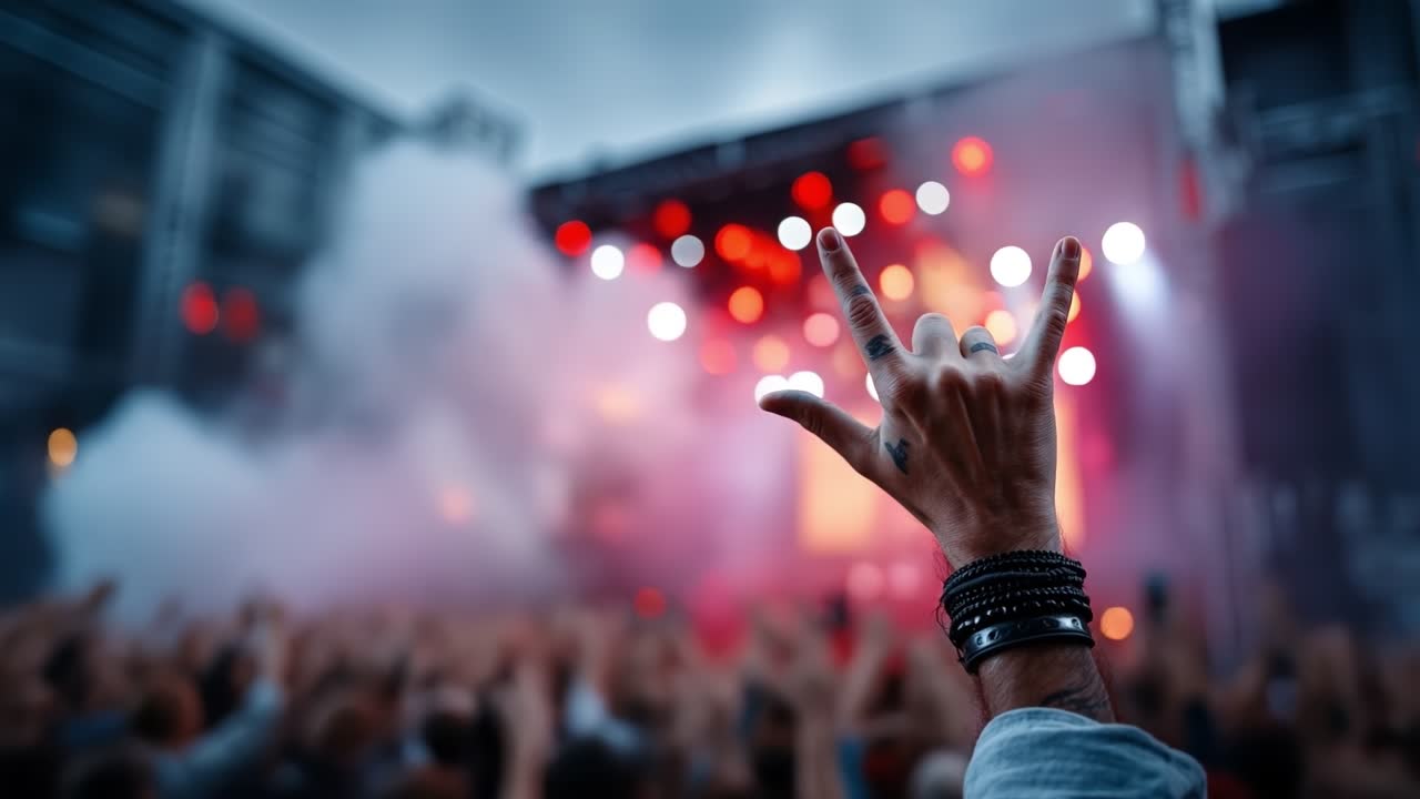 Hånd som hever djevelhorn-tegnet på en musikkkonsert med scenelys og publikum.