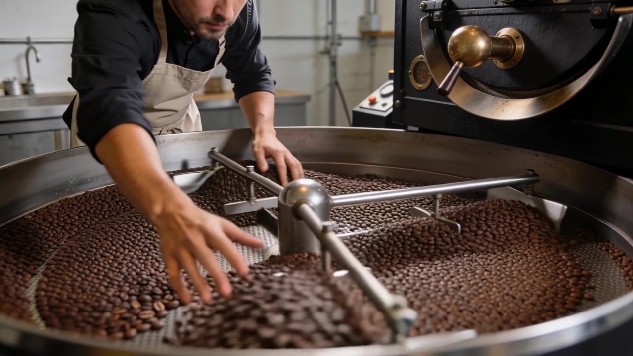 Handling operator spreading beans on cooling tray post-roast dump with rotating arm in beige apron